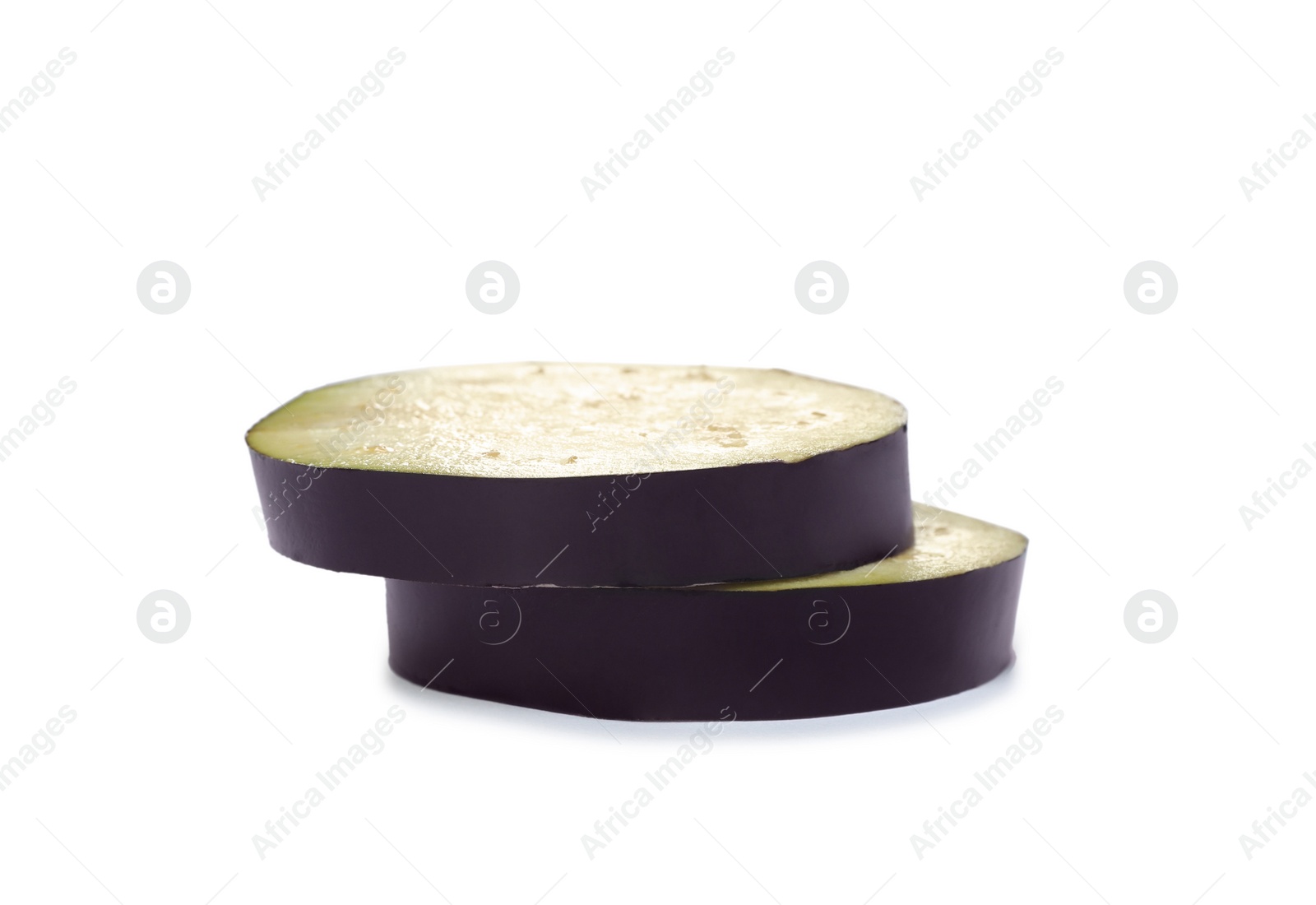 Photo of Slices of ripe eggplant on white background