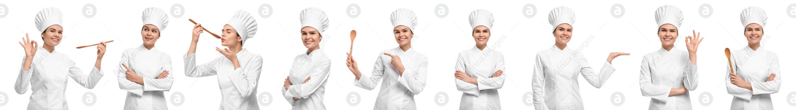 Image of Happy chef in uniform on white background, collage design