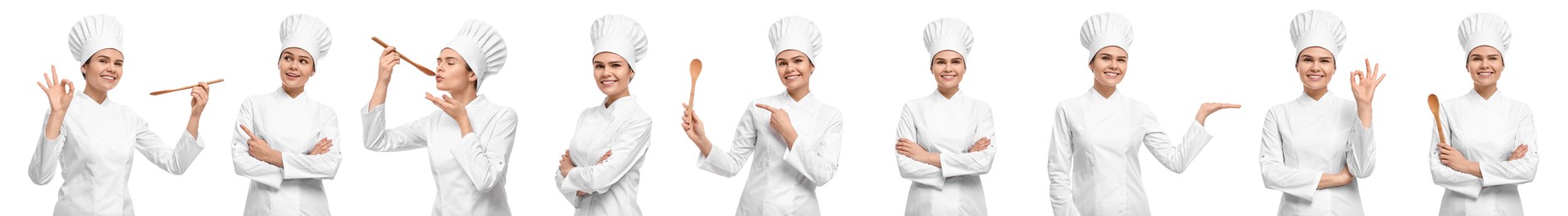 Image of Happy chef in uniform on white background, collage design