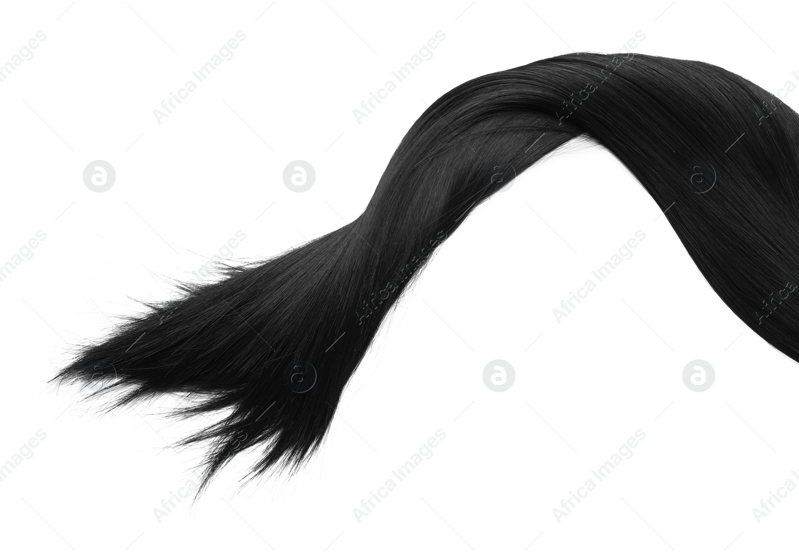 Photo of Lock of beautiful brunette straight hair isolated on white, top view