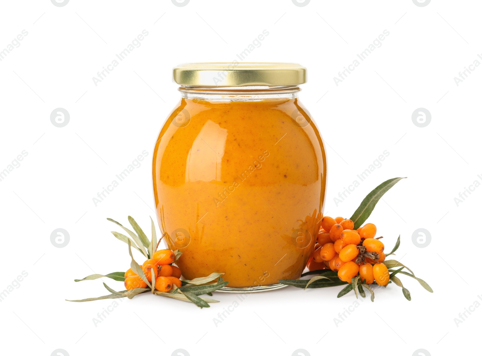 Photo of Delicious sea buckthorn jam in jar and fresh berries on white background