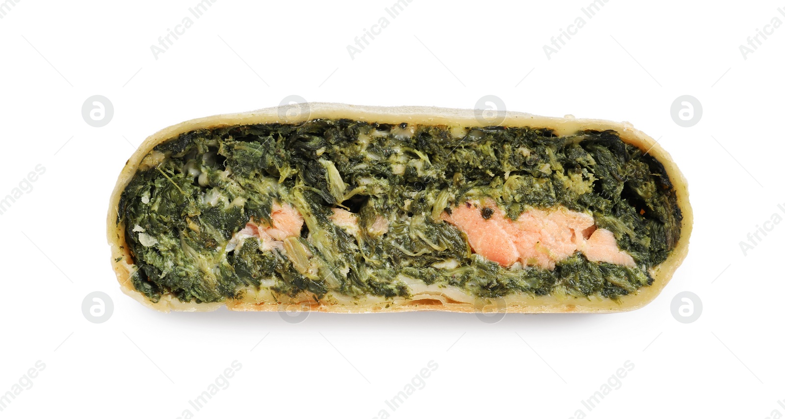 Photo of Piece of delicious strudel with salmon and spinach isolated on white, top view