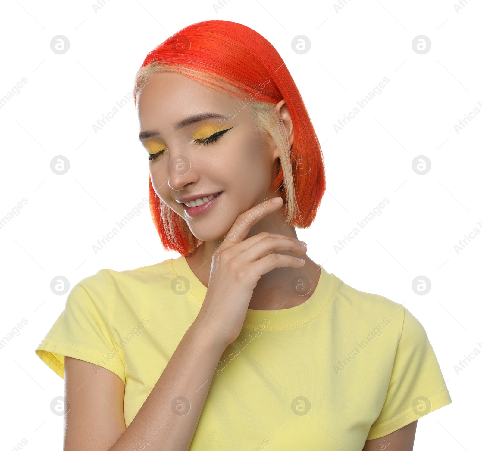 Photo of Beautiful young woman with bright dyed hair on white background