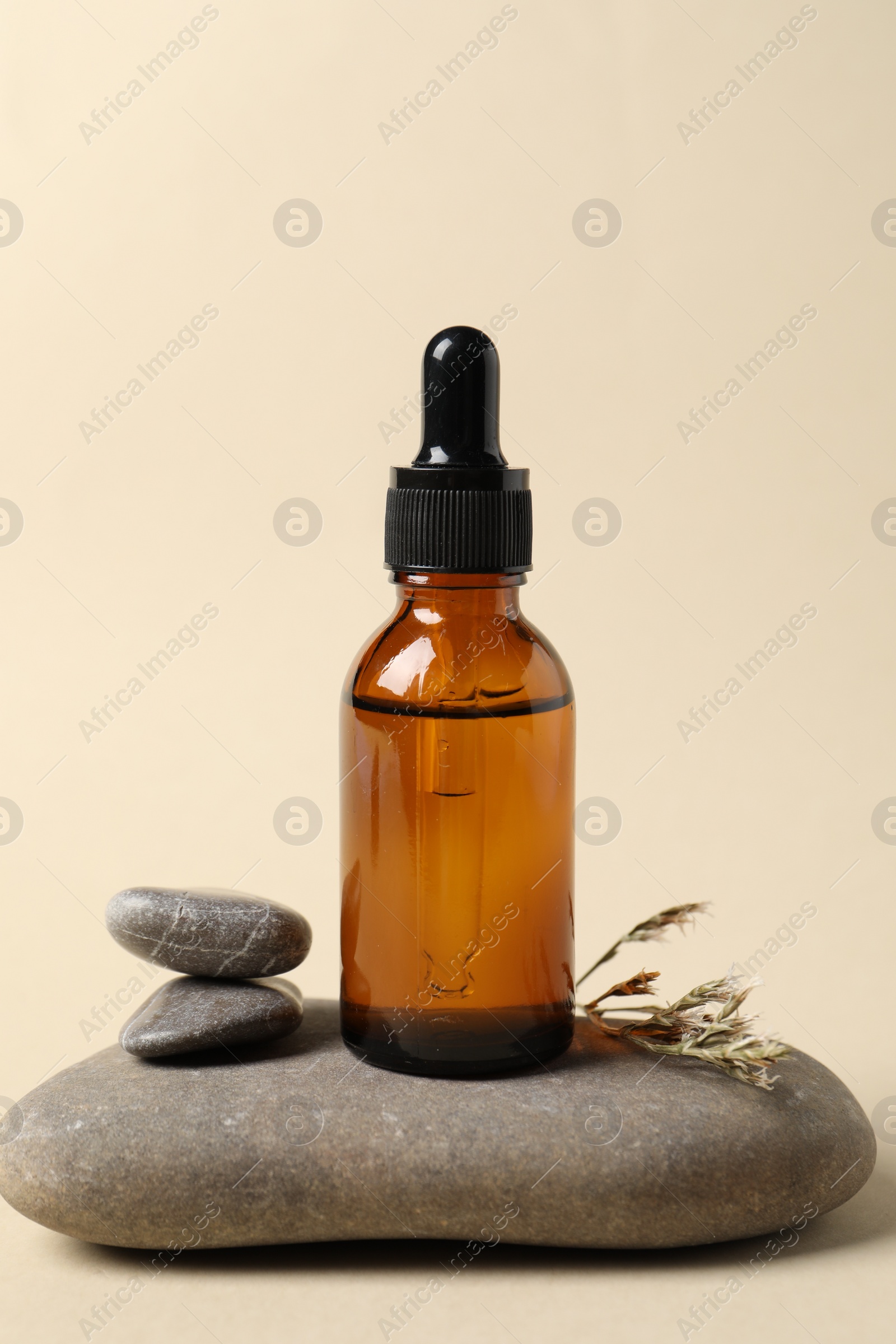 Photo of Composition with bottle of cosmetic serum on beige background