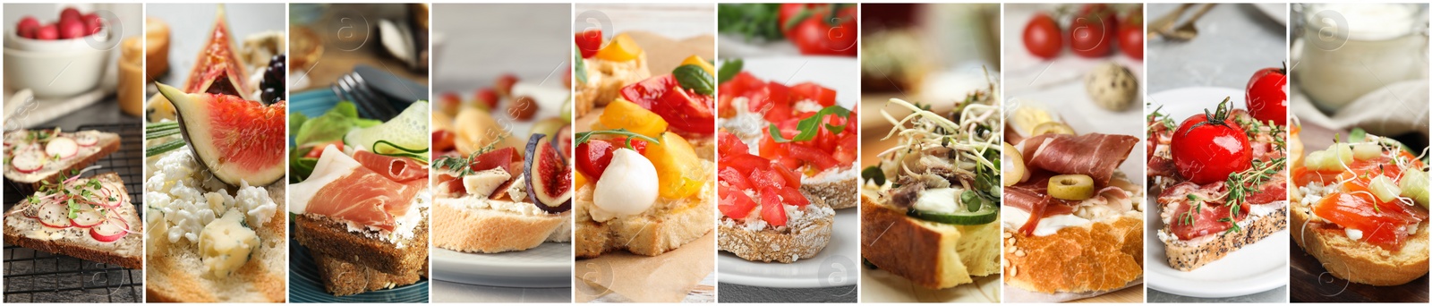 Image of Collage of different tasty bruschettas. Banner design 