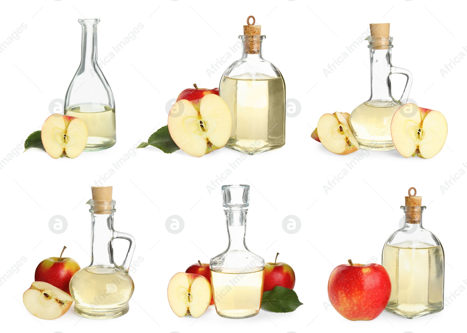 Image of Natural apple vinegar and fresh fruits on white background, collage 