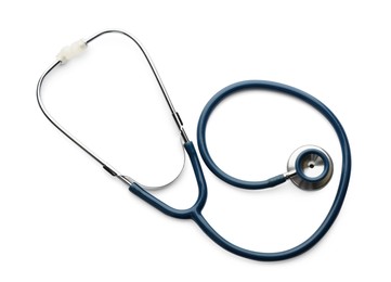 Photo of Stethoscope isolated on white, top view. Medical object