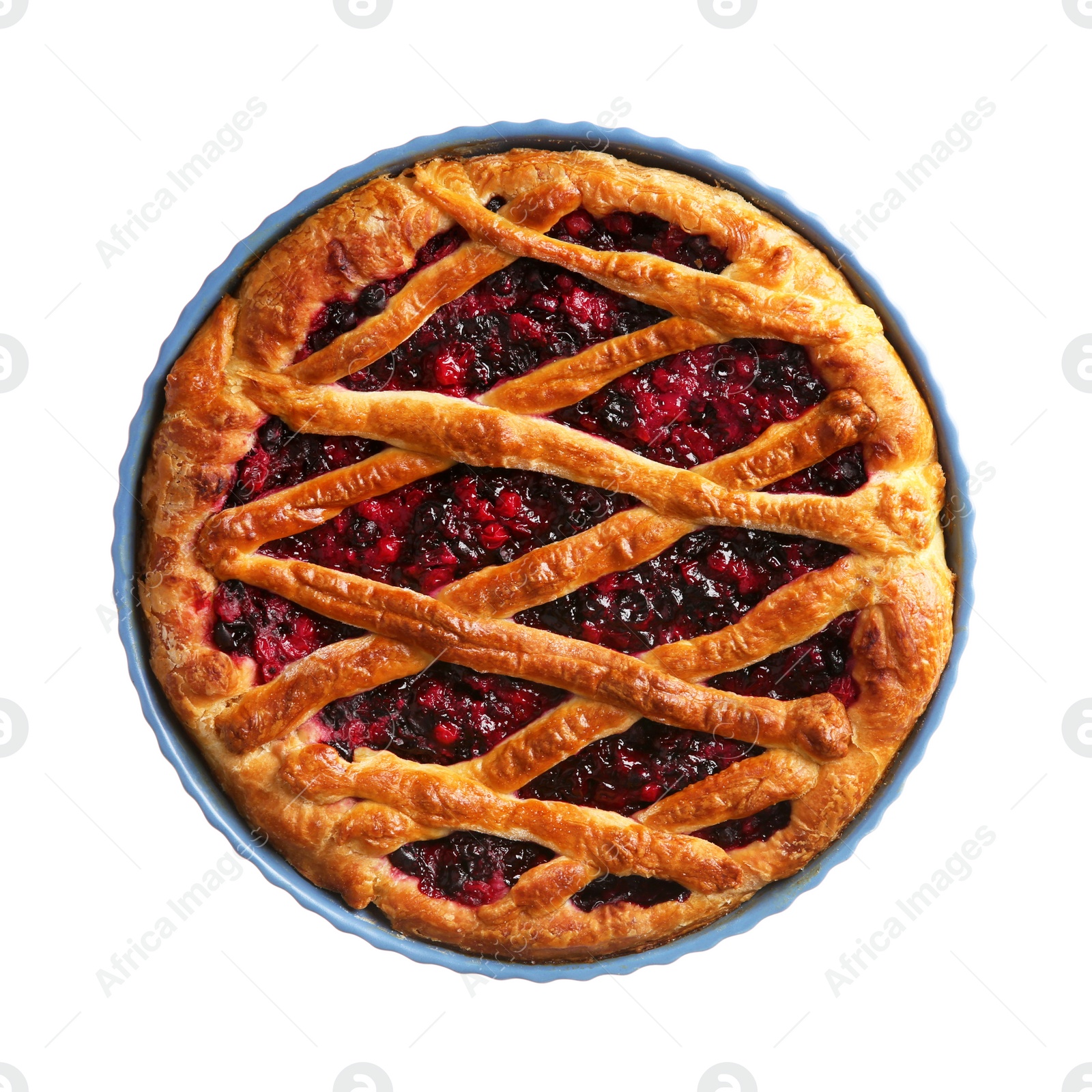 Photo of Delicious currant pie isolated on white, top view