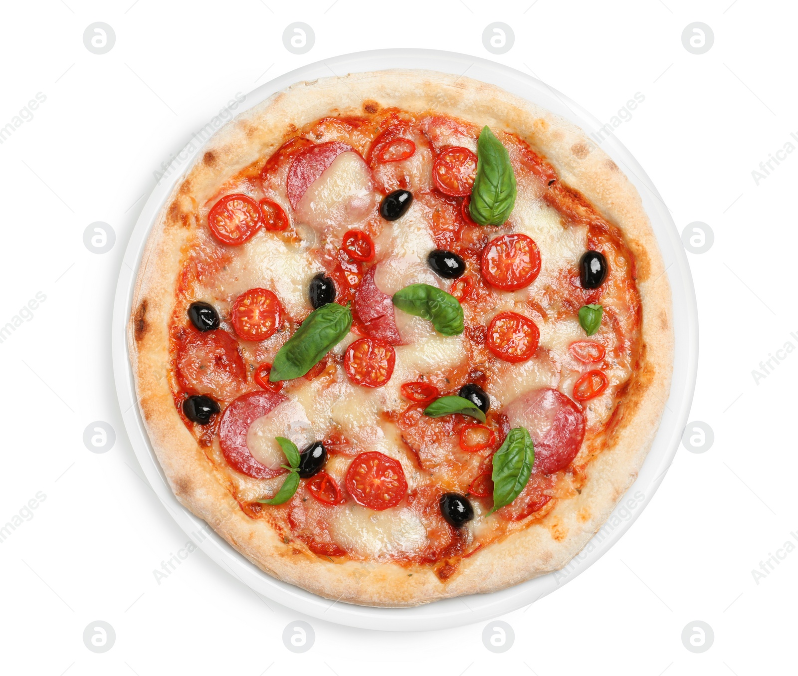 Photo of Delicious pizza Diablo isolated on white, top view