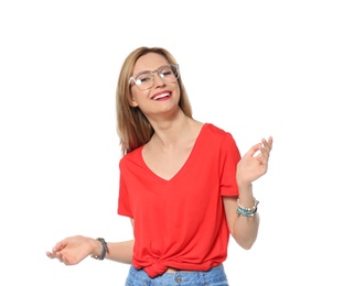 Attractive young woman in stylish outfit on white background