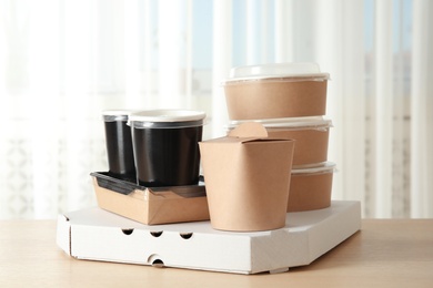 Various takeout containers on table. Food delivery service