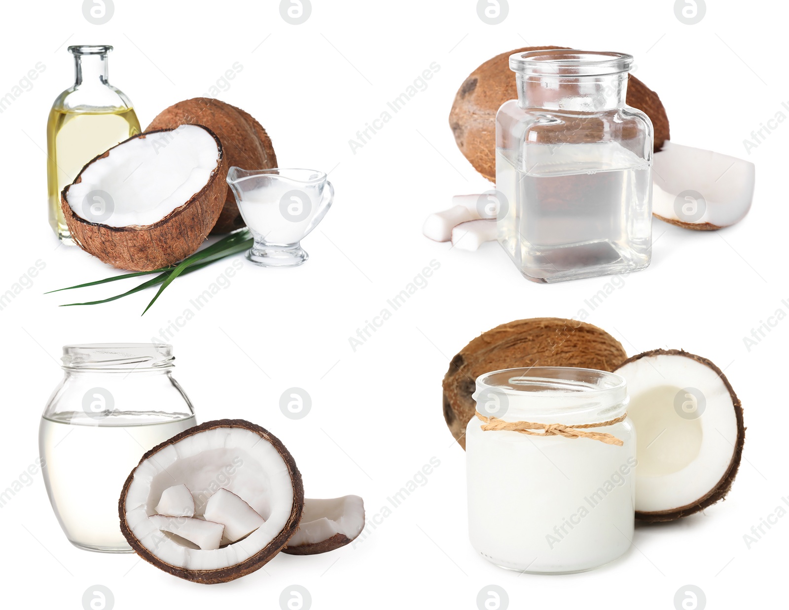 Image of Set of coconuts and organic cooking oil on white background