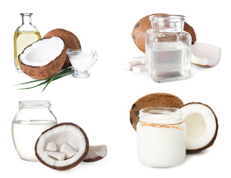 Image of Set of coconuts and organic cooking oil on white background