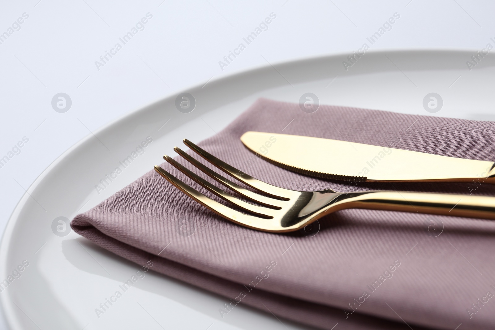 Photo of Stylish elegant cutlery with napkin in plate on white background, closeup