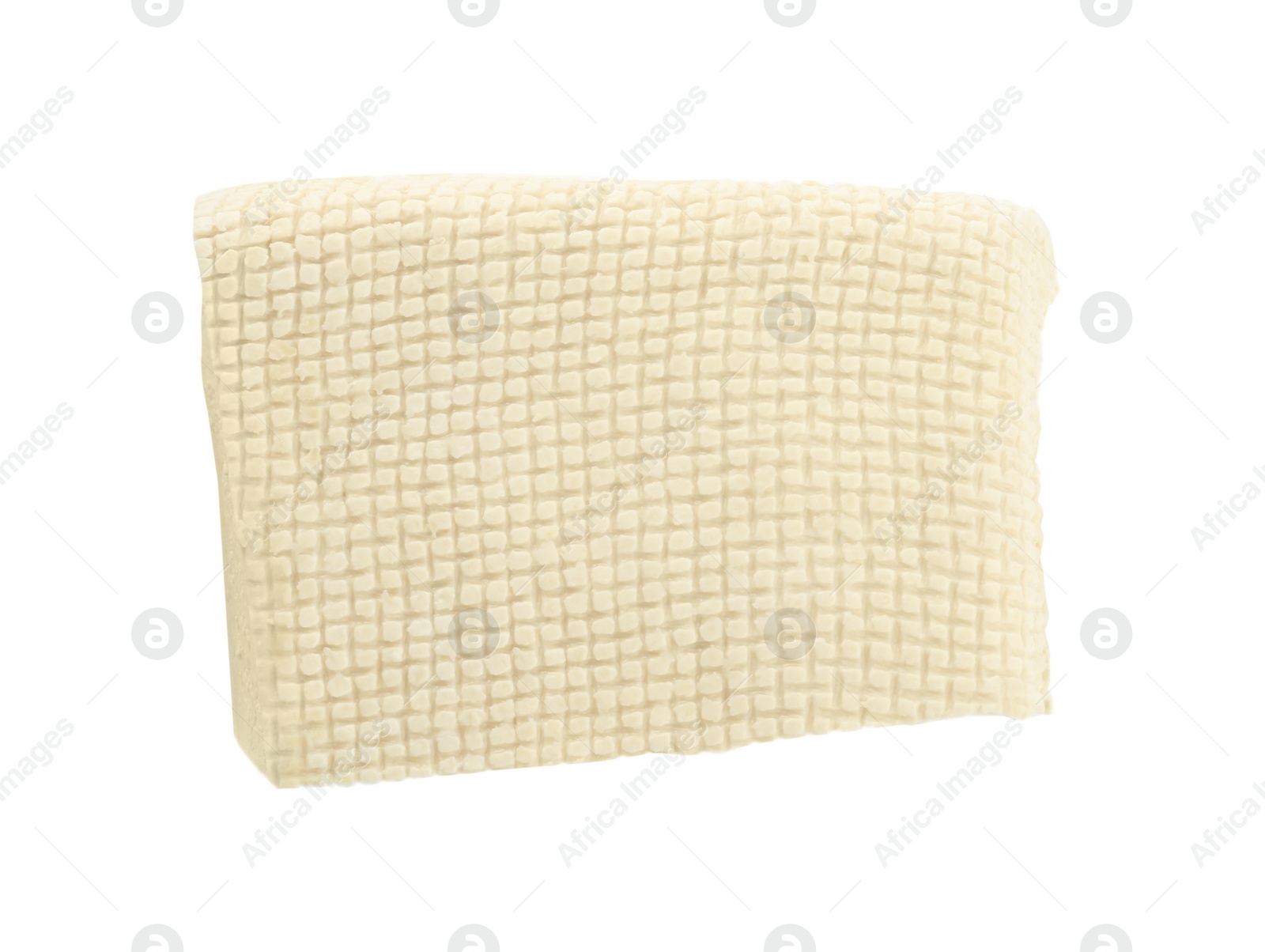 Photo of Piece of delicious tofu isolated on white, top view. Soybean curd