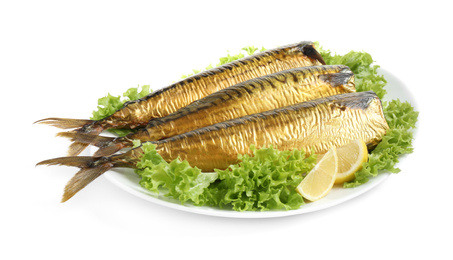 Plate with smoked fish isolated on white