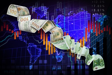 Image of Money exchange. Dollars turning into euro banknotes while falling against digital world map and graphs