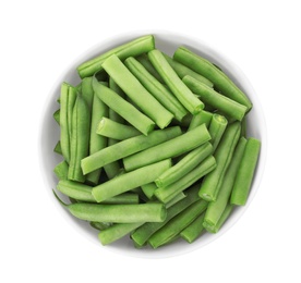 Photo of Fresh green beans in bowl isolated on white, top view