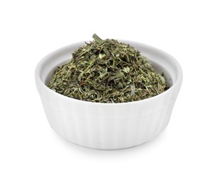 Bowl of dry tarragon isolated on white