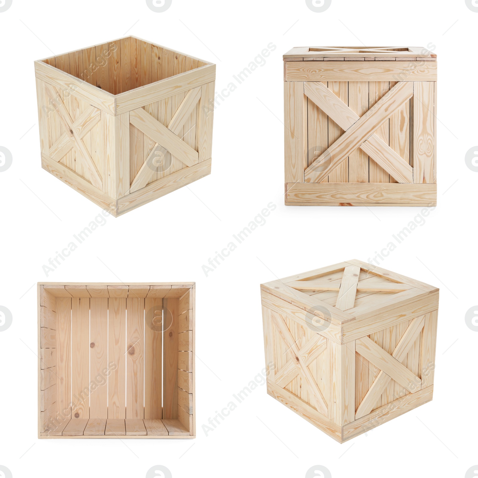 Image of Set of new wooden crates on white background