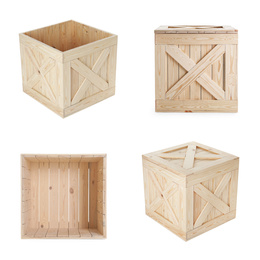 Image of Set of new wooden crates on white background