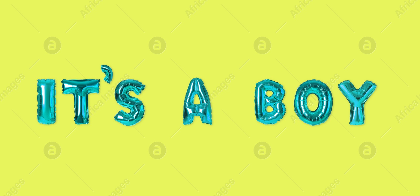 Image of Phrase ITS A BOY made of foil balloon letters on yellow background, banner design. Baby shower party