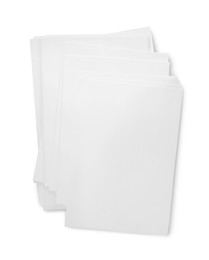 Pile of paper sheets on white background, top view