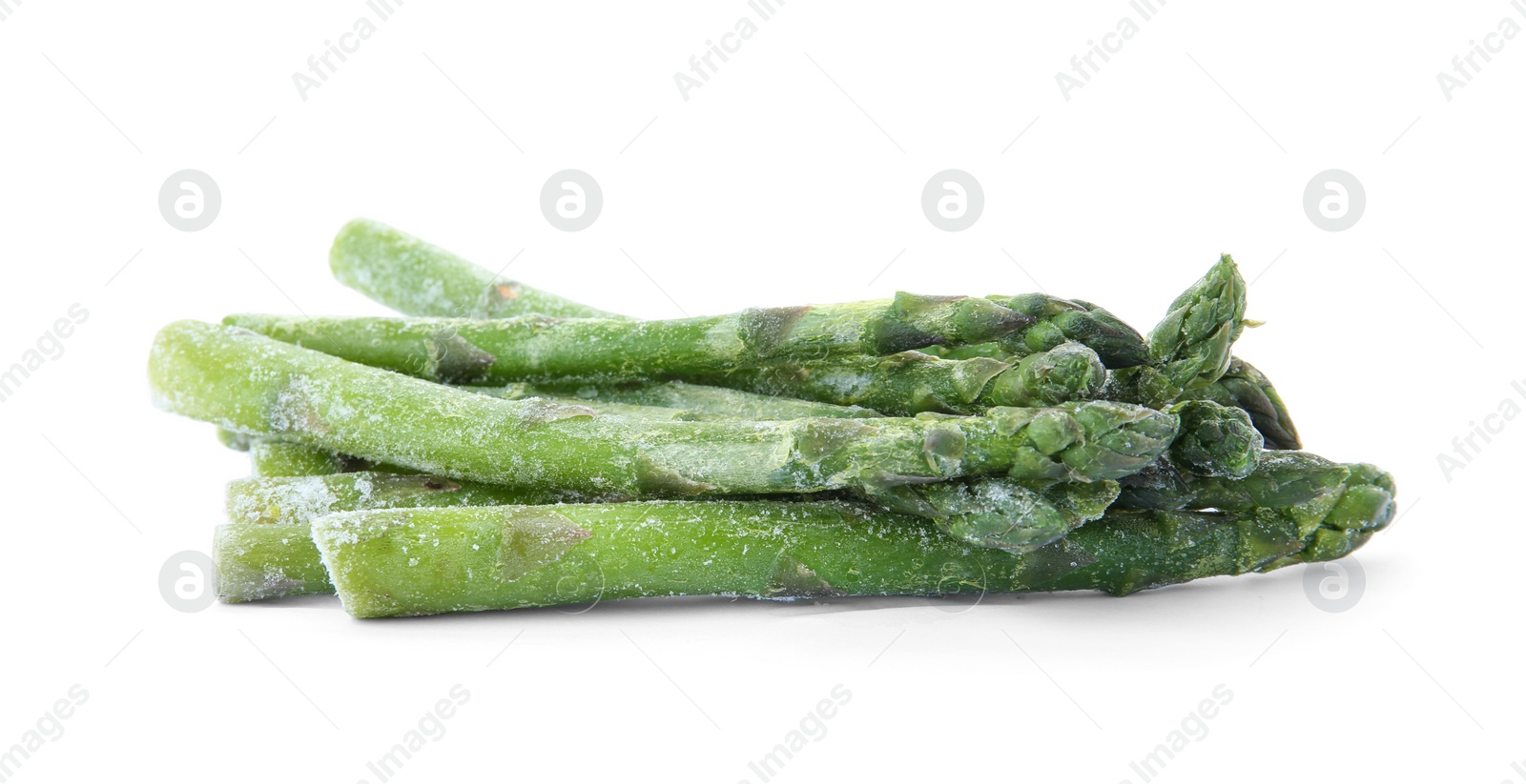 Photo of Frozen asparagus stems on white background. Vegetable preservation