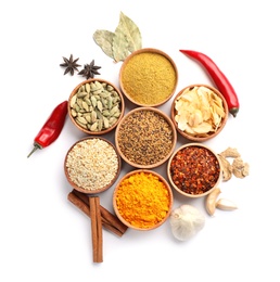 Photo of Beautiful composition with different aromatic spices on white background