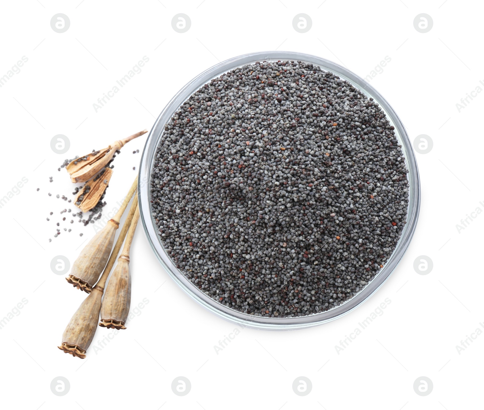 Photo of Poppy seeds in glass bowl isolated on white, top view