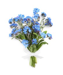 Photo of Bouquet of beautiful blue Forget-me-not flowers on white background, top view