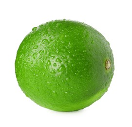 Fresh green ripe lime with water drops isolated on white