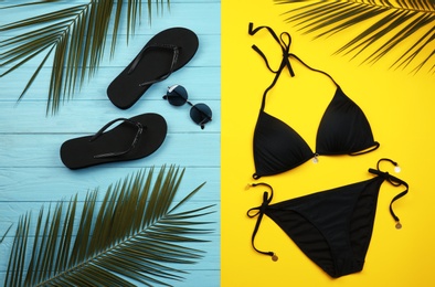 Photo of Black swimsuit, flip flops, sunglasses and tropical palm leaves on color background, flat lay