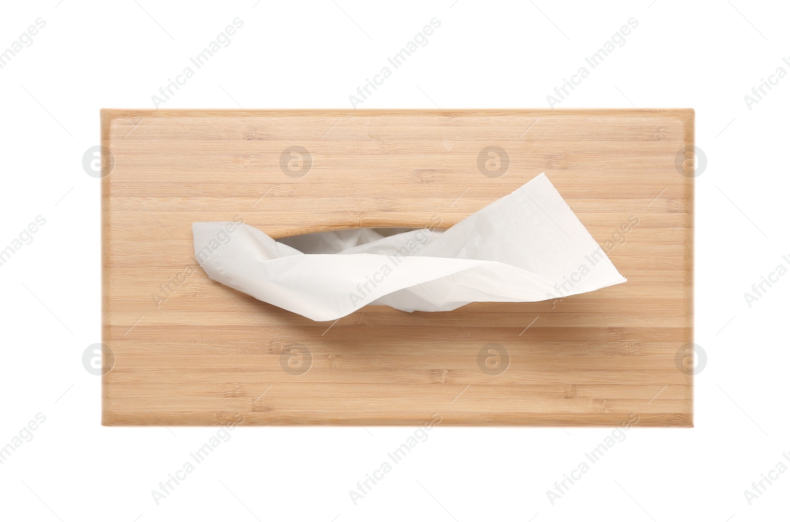 Photo of Wooden holder with paper tissues isolated on white, top view