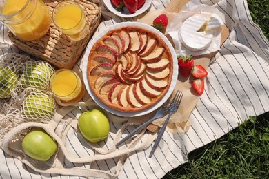 Photo of Blanket with different products on green grass, top view. Summer picnic