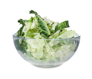 Photo of Chopped fresh green savoy cabbage in bowl on white background