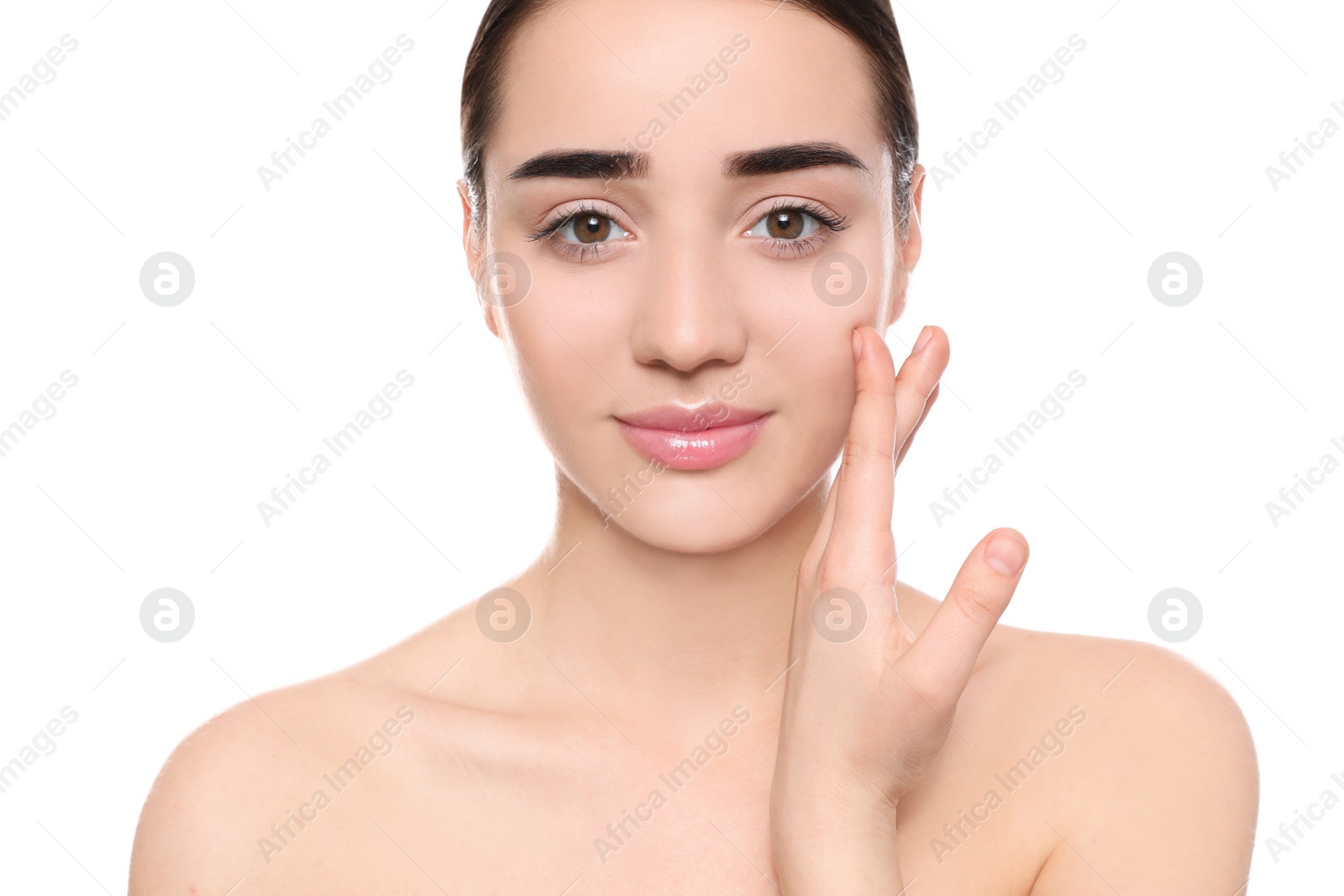 Photo of Portrait of young woman with beautiful face against white background