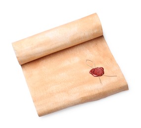 Photo of Sheet of old parchment paper with wax stamp on white background. Space for text