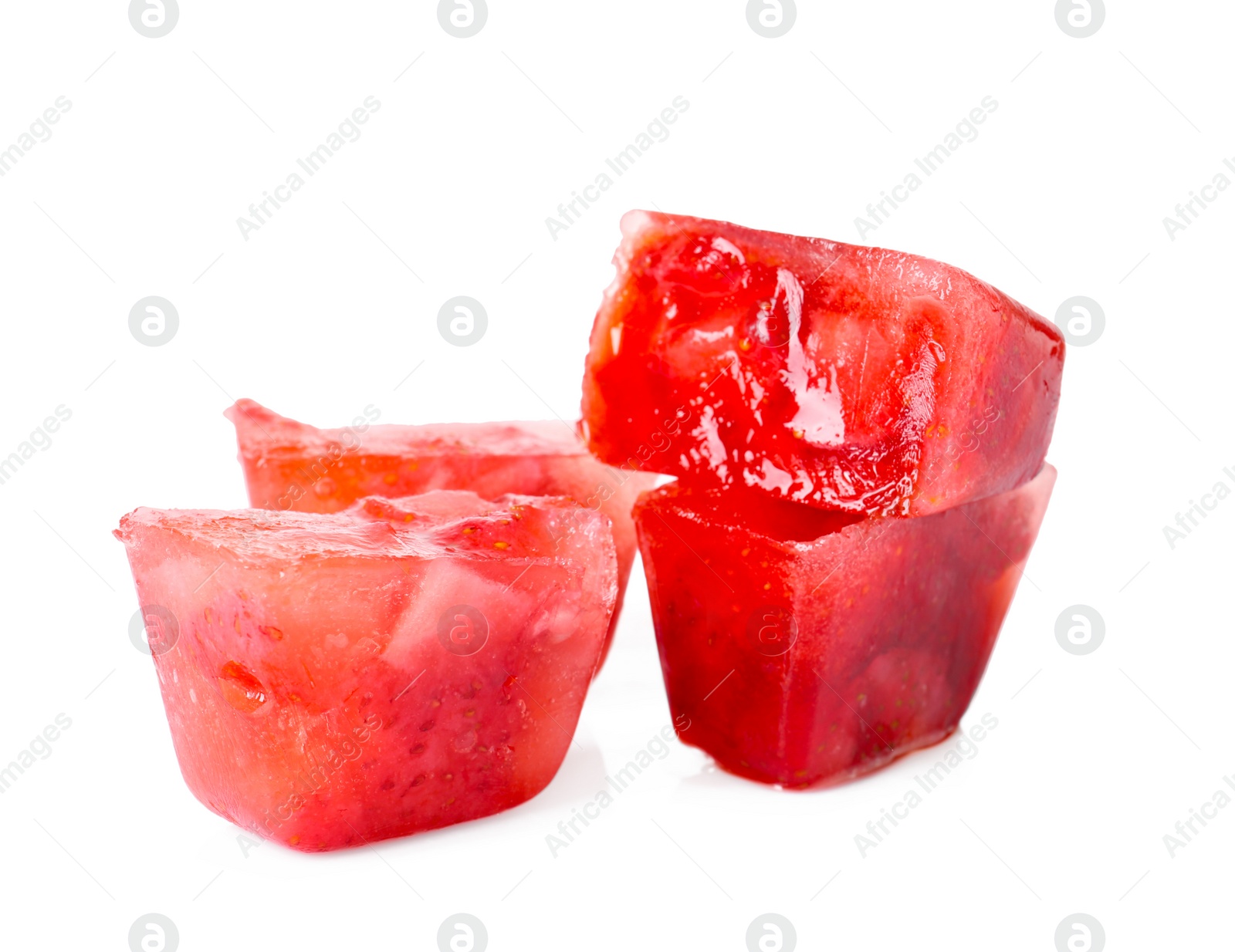 Photo of Ice cubes with strawberries on white background
