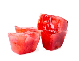 Photo of Ice cubes with strawberries on white background