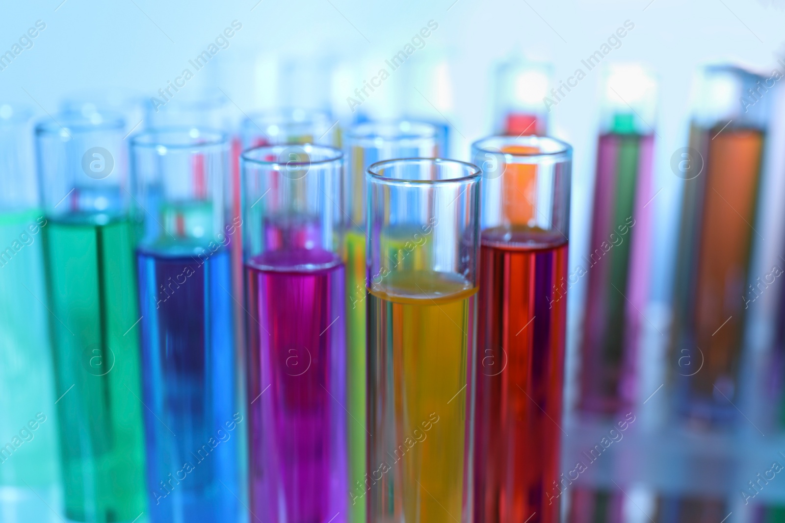 Photo of Many test tubes with colorful liquids on blurred background, closeup