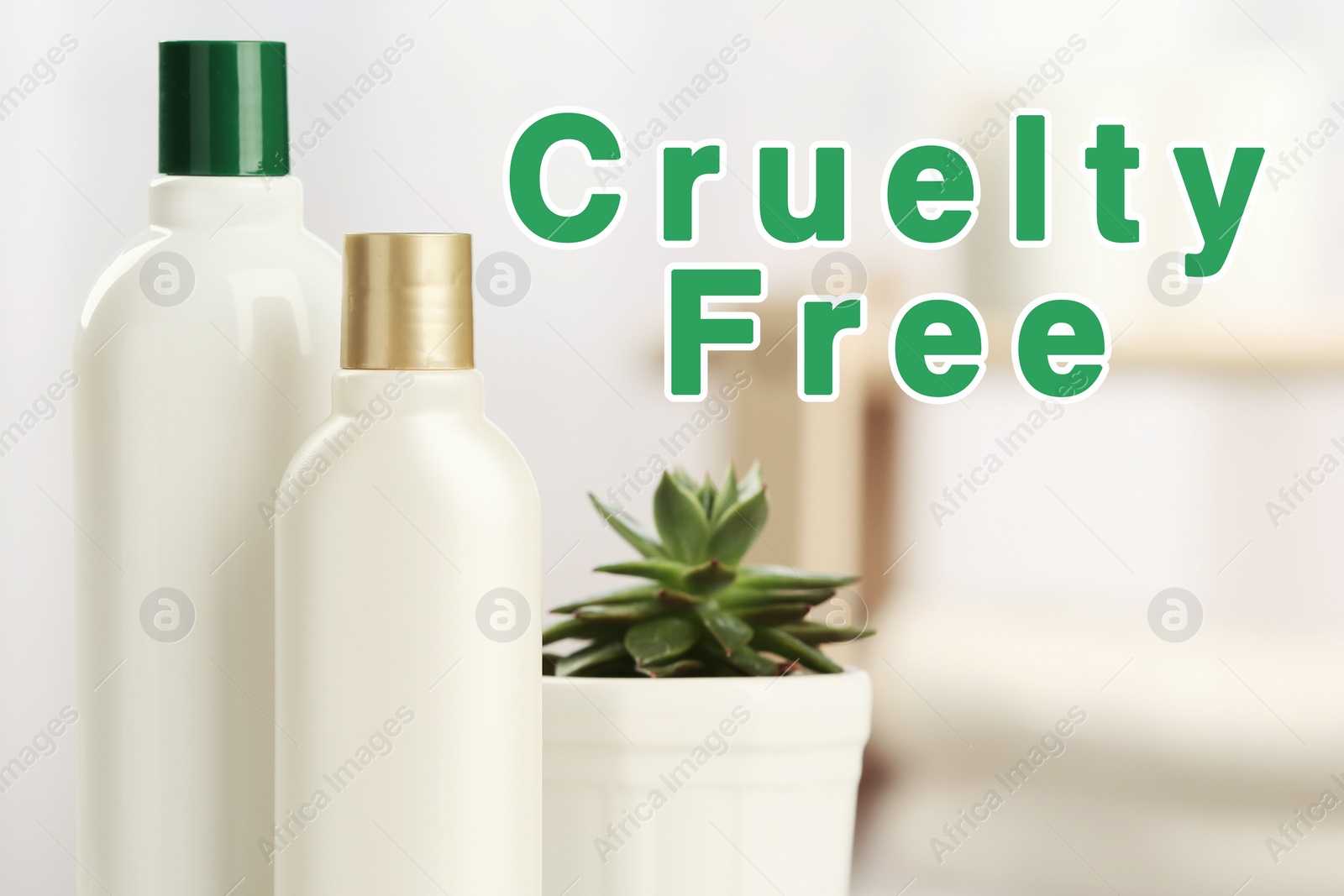 Image of Cruelty free concept. Personal care products not tested on animals in bathroom 