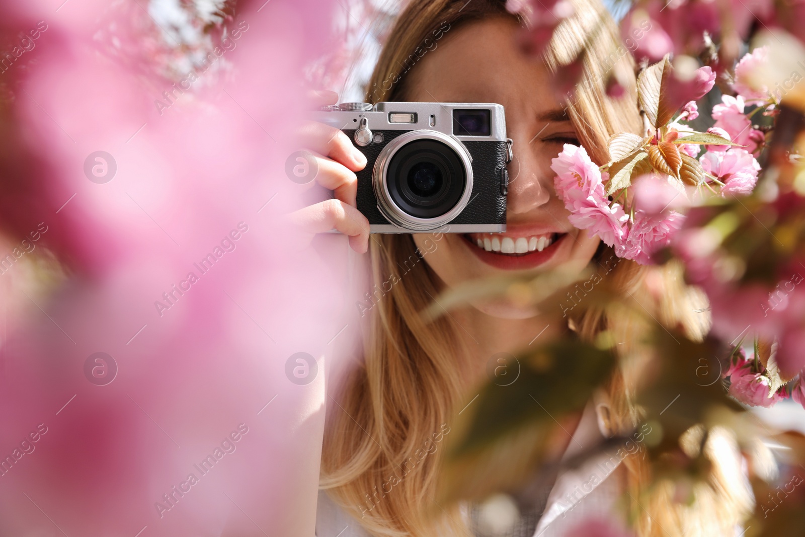 Photo of Happy female tourist taking photo of blossoming sakura outdoors on spring day