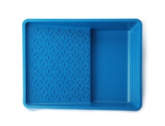 Photo of Empty plastic paint tray on white background, top view