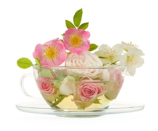 Aromatic herbal tea in glass cup with different flowers isolated on white