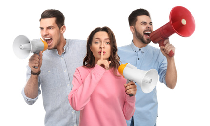 Image of Collage of people with megaphones on white background