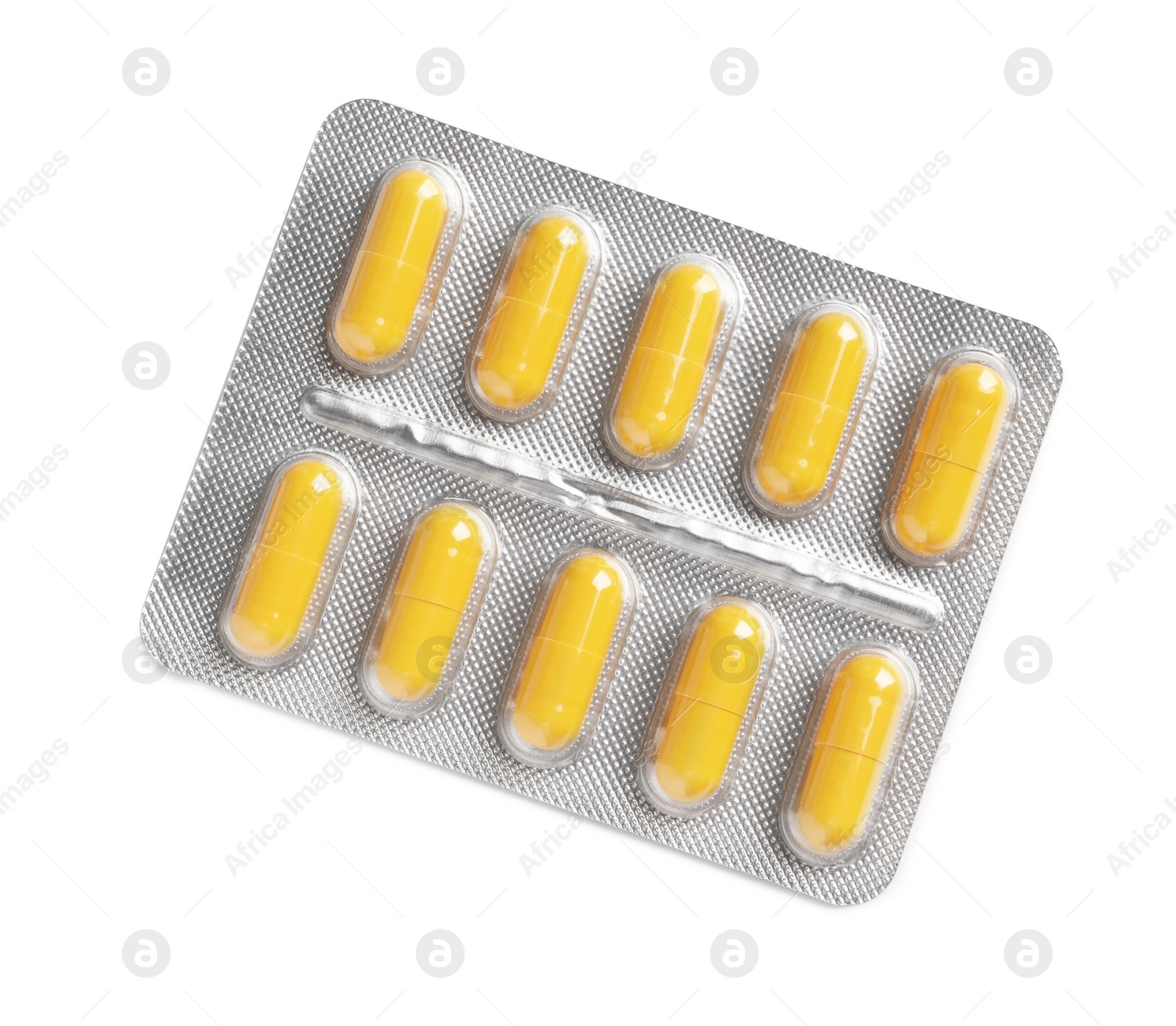 Photo of Blister with bright pills isolated on white, top view