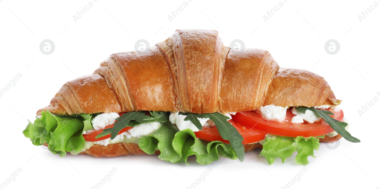 Photo of Tasty croissant sandwich with feta cheese and tomato isolated on white