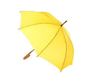 Photo of Modern opened yellow umbrella isolated on white