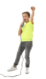 Cute boy singing in microphone on white background